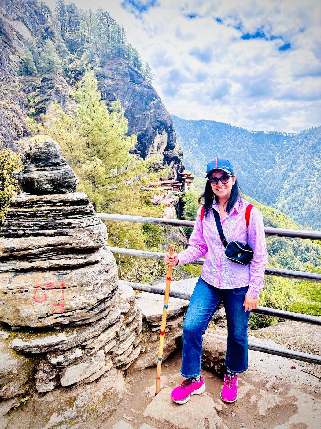 Gunjan Sinha on a hike overlooking the Tiger's Nest monastery in Bhutan